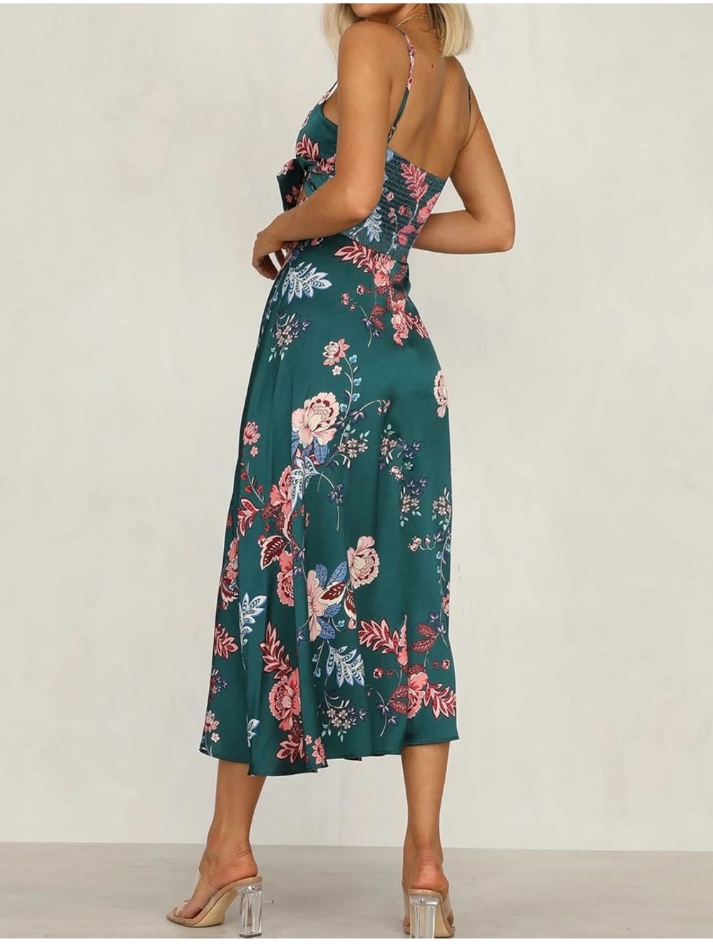 Amazon Teal Floral Midi Dress with Pink Flowers and Side Slit - Picture 3 of 6